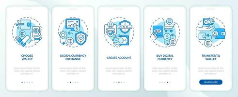 2D icons representing digital currency mobile app screen set. Walkthrough 5 steps blue graphic instructions with thin linear icons concept, UI, UX, GUI template. vector