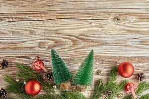 Christmas greeting banner on wooden backround, flat lay photo