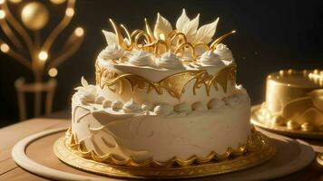 un celebracion de deleite con un elegante cumpleaños pastel dorado ai generado foto