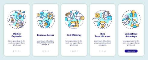 Linear icons representing foreign direct investment mobile app screen set. 5 steps editable graphic instructions, UI, UX, GUI template. vector