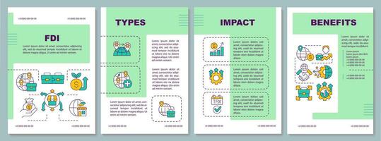 Foreign direct investment green brochure template, leaflet design with linear icons, 4 vector layouts.