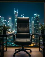 un oficina silla en frente de un ventana con ciudad luces en el antecedentes generativo ai foto
