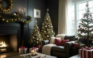 abrazo el calor y alegría un acogedor vivo habitación decoración para un mágico Navidad ai generado foto