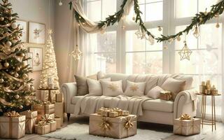 abrazo el calor y alegría un acogedor vivo habitación decoración para un mágico Navidad ai generado foto