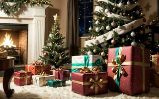 abrazo el calor y alegría un acogedor vivo habitación decoración para un mágico Navidad ai generado foto
