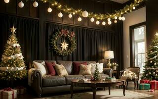 abrazo el calor y alegría un acogedor vivo habitación decoración para un mágico Navidad ai generado foto