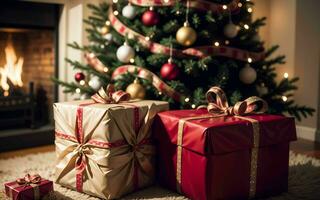 abrazo el calor y alegría un acogedor vivo habitación decoración para un mágico Navidad ai generado foto