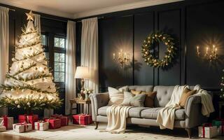 abrazo el calor y alegría un acogedor vivo habitación decoración para un mágico Navidad ai generado foto