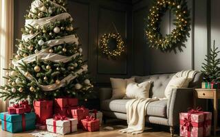 abrazo el calor y alegría un acogedor vivo habitación decoración para un mágico Navidad ai generado foto