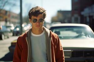 a young man in sunglasses standing in front of a car generative ai photo