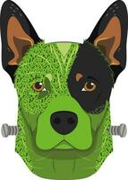 Halloween greeting card. Australian Cattle dog colored in green and dressed as a monster with screws in the neck vector