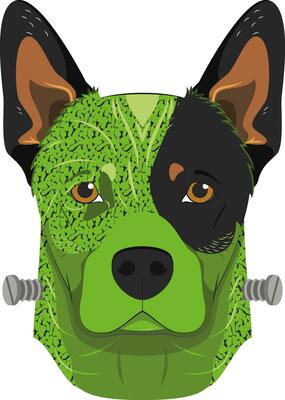 Halloween greeting card. Australian Cattle dog colored in green and dressed as a monster with screws in the neck
