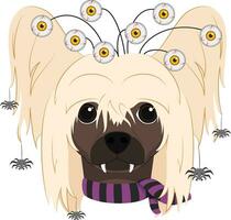 Halloween greeting card. Chinese Crested Dog dressed with terrifying eyes, several spiders falling from the hair and a purple and black scarf vector