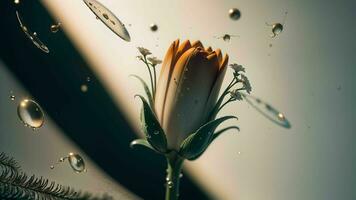 agua gotas en un hermosa flor en un gota de rocío macro fotografía ai generado foto