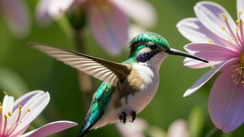 el encantador momentos de colibríes buscando flor néctar ai generado foto