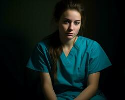 a woman in scrubs sitting in a dark room generative ai photo