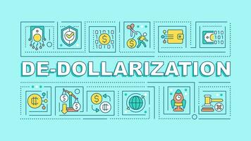 De-dollarization text with various icons on blue monochromatic background, 2D vector illustration.