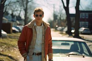 a man in a red jacket standing next to a car generative ai photo