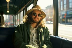 un hombre con largo pelo y Gafas de sol sentado en un autobús generativo ai foto