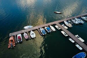 Aerial top view of boats near wooden pier at lake photo