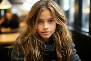 a young girl with long wavy hair sitting at a table generative ai photo