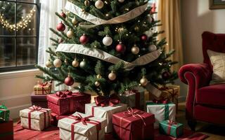 abrazo el calor y alegría un acogedor vivo habitación decoración para un mágico Navidad ai generado foto