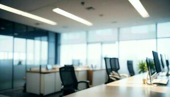 Blurred Background of a Light Modern Office with Panoramic Windows and Beautiful Lighting ai generated photo