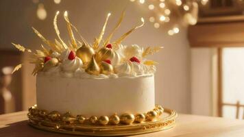 un celebracion de deleite con un elegante cumpleaños pastel dorado ai generado foto