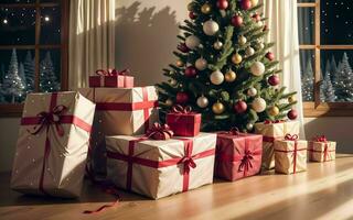abrazo el calor y alegría un acogedor vivo habitación decoración para un mágico Navidad ai generado foto