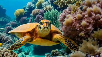 explorador el vibrante submarino mundo con tortugas, vistoso pez, y coral arrecifes ai generado foto