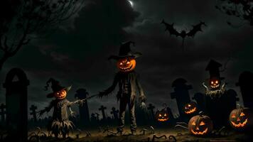 Unveiling the Devilish Scarecrow's Deception in the Eerie Nighttime Graveyard of Halloween ai generated photo