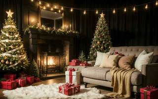 abrazo el calor y alegría un acogedor vivo habitación decoración para un mágico Navidad ai generado foto
