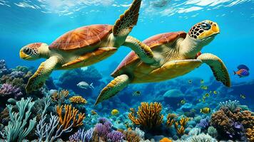 Exploring the Vibrant Underwater World with Turtles, Colorful Fish, and Coral Reefs ai generated photo