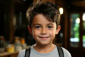 a young boy with a backpack smiling at the camera generative ai photo