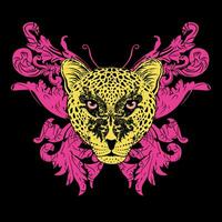 leopard face and pink butterfly design for t-shirt on a black background. vector