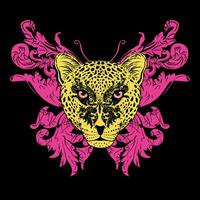 leopard face and pink butterfly design for t-shirt on a black background. vector