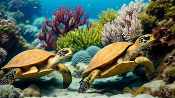 explorador el vibrante submarino mundo con tortugas, vistoso pez, y coral arrecifes ai generado foto