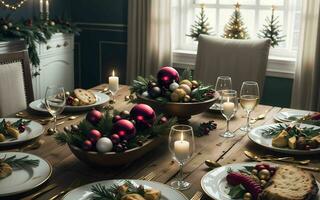 un espectacular Navidad cena mesa ajuste ai generado foto