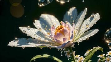 agua gotas en un hermosa flor en un gota de rocío macro fotografía ai generado foto