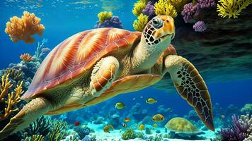 Exploring the Vibrant Underwater World with Turtles, Colorful Fish, and Coral Reefs ai generated photo