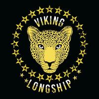 vikingo drakkar. leopardo cabeza camiseta diseño rodeado por estrellas en un negro antecedentes. vector