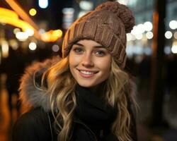 un hermosa joven mujer en un invierno sombrero es sonriente para el cámara generativo ai foto