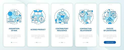 2D icons representing product liability mobile app screen set. Walkthrough 5 steps blue graphic instructions with line icons concept, UI, UX, GUI template. vector