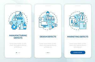 2D icons representing product liability mobile app screen set. Walkthrough 3 steps blue graphic instructions with thin line icons concept, UI, UX, GUI template. vector