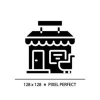 2D pixel perfect glyph style store icon, isolated vector, silhouette building illustration. vector