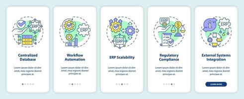 2D icons representing enterprise resource planning mobile app screen set. Walkthrough 5 steps graphic instructions with linear icons concept, UI, UX, GUI template. vector