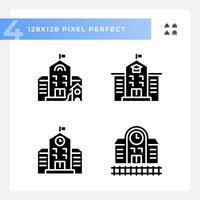 2D pixel perfect glyph style icons set representing various buildings, silhouette illustration. vector