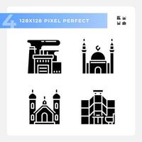 Pixel perfect glyph style icons set representing various buildings, silhouette illustration. vector