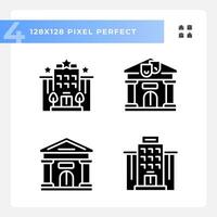 2d píxel Perfecto glifo estilo íconos conjunto representando edificios, silueta ilustración. vector