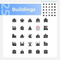 Pixel perfect glyph style icons set representing various buildings, silhouette illustration. vector